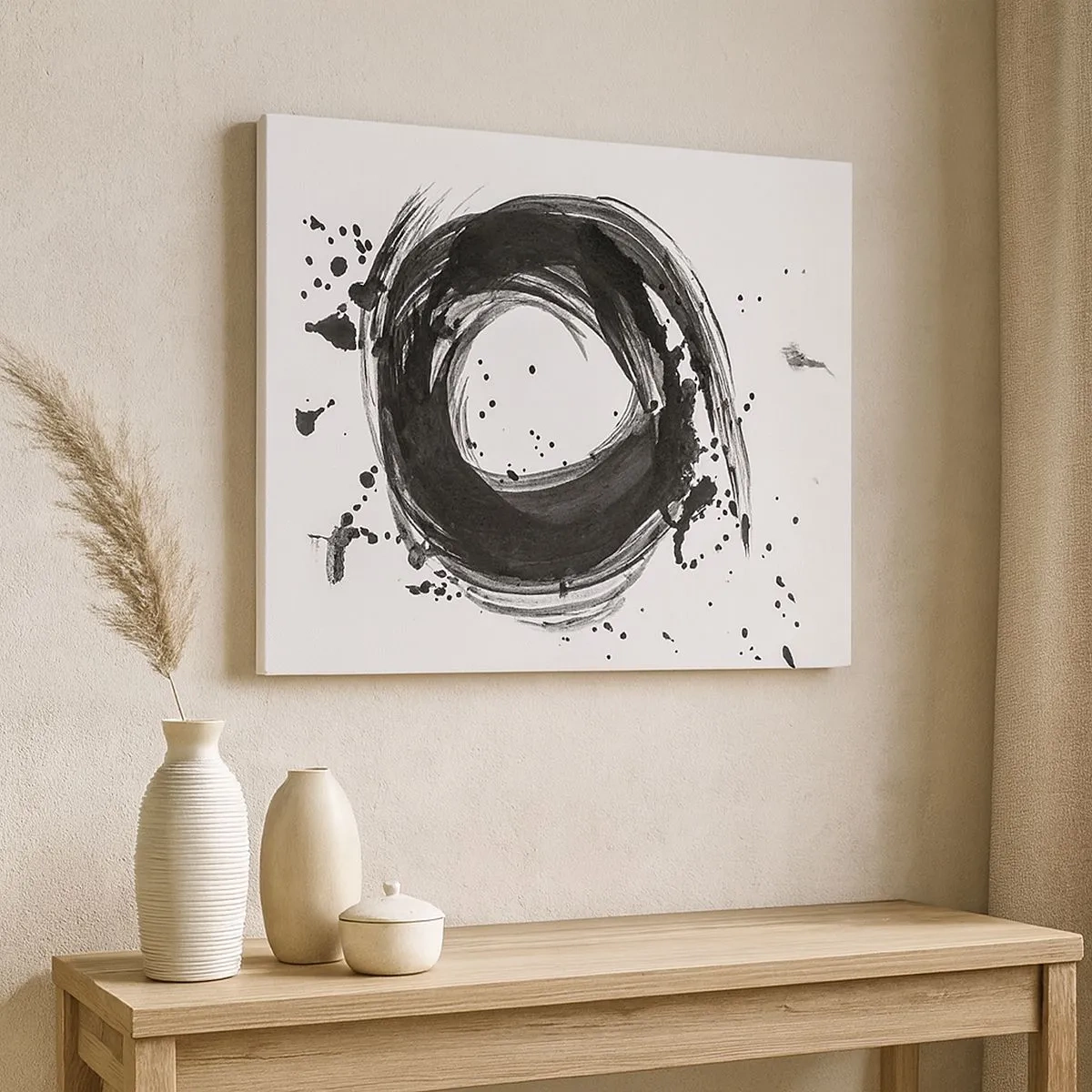 Schilderen op canvas - Zwarte abstractie in de vorm van een cirkel op een witte achtergrond - 70x50cm - De draaikolk van de schepping - Moderne wanddecoratie voor woonkamer en slaapkamer ARTTOR