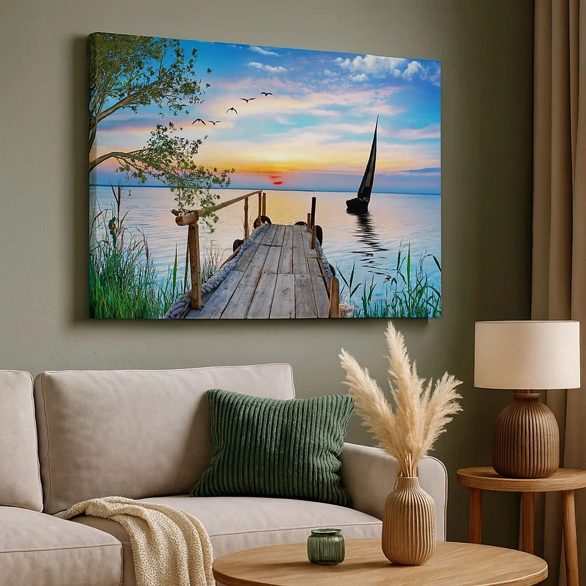 Schilderen op canvas - Pier aan het meer met boot en zonsondergang - 70x50cm - Goedeavond - Moderne wanddecoratie voor woonkamer en slaapkamer ARTTOR