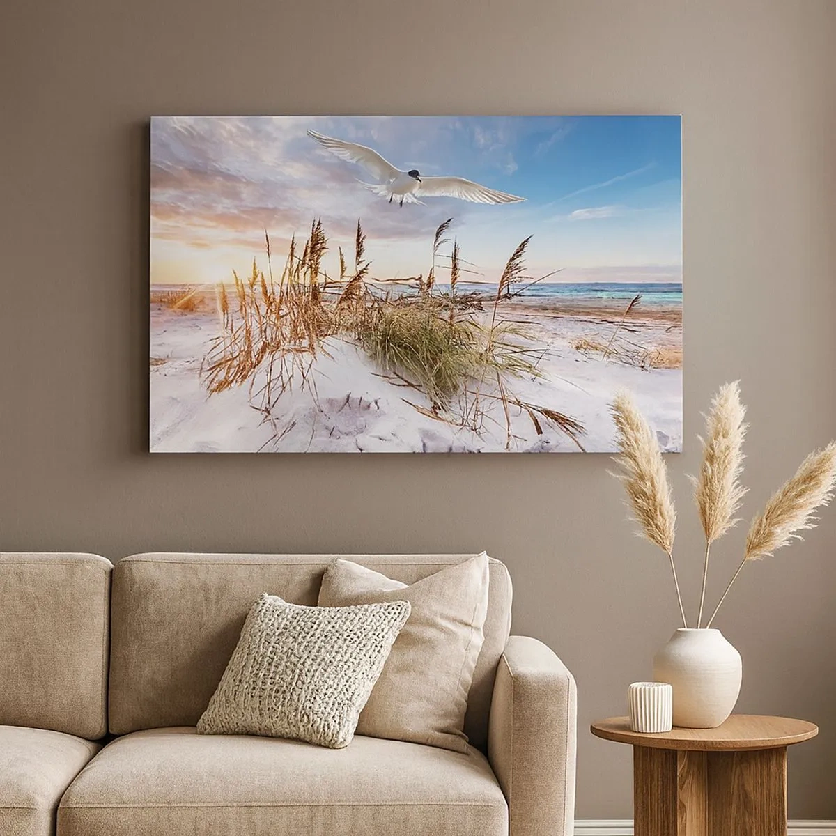 Schilderen op canvas - Strand met meeuwen die vliegen bij zonsondergang - 70x50cm - Wind uit zee - Moderne wanddecoratie voor woonkamer en slaapkamer ARTTOR