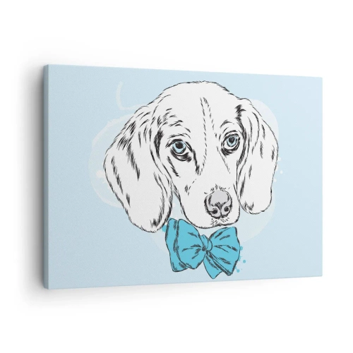 Schilderen op canvas - Schattige afbeelding van een hond met een vlinderdas op een pastelkleurige achtergrond - 70x50cm - Hond elegantie - Moderne wanddecoratie voor woonkamer en slaapkamer ARTTOR