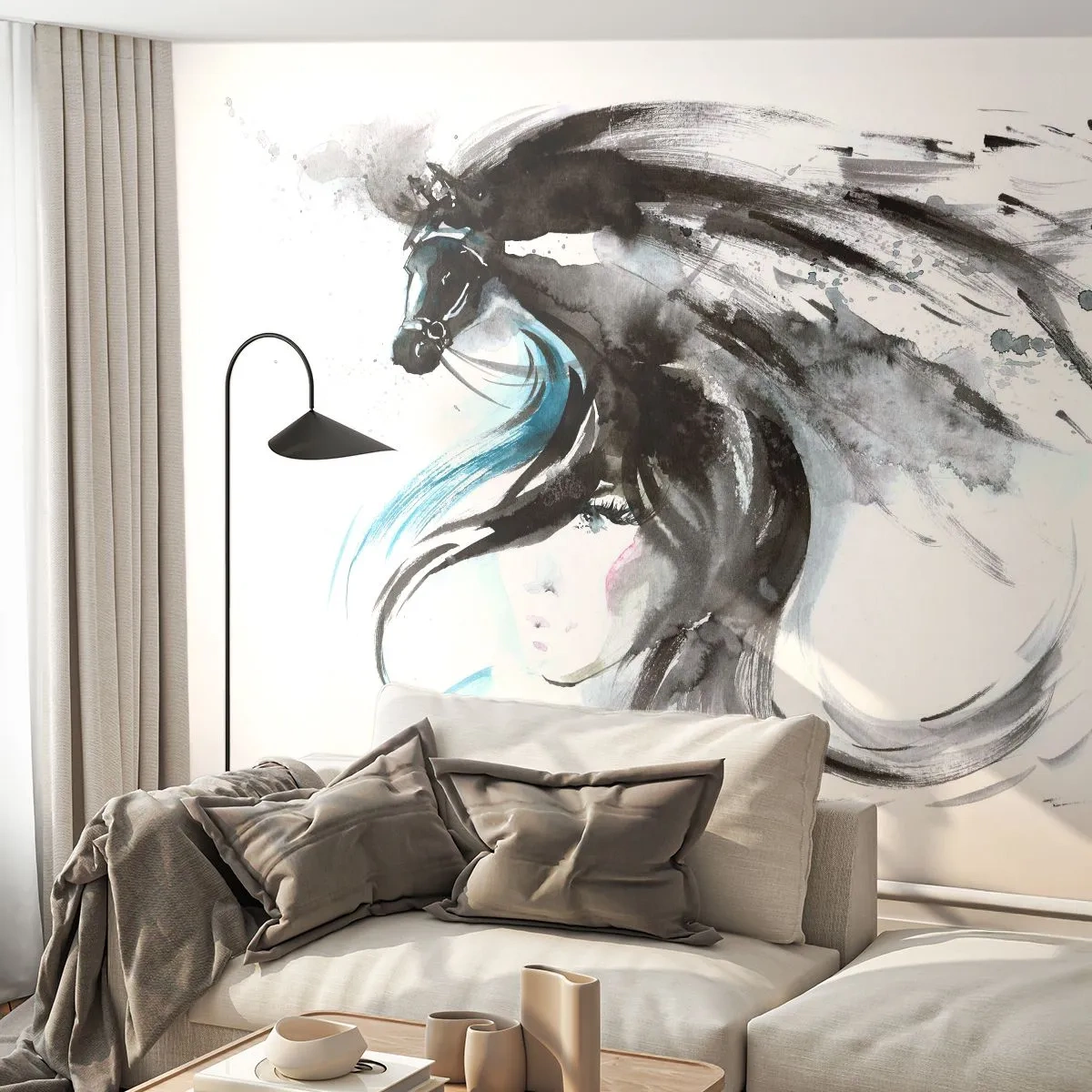 Fotobehang Standard Eco - Een vrouw en een paard in een artistieke zwart-witcompositie - 100x70cm - Galop van de Zwarte Prins  - Moderne wanddecoratie voor woonkamer en slaapkamer ARTTOR