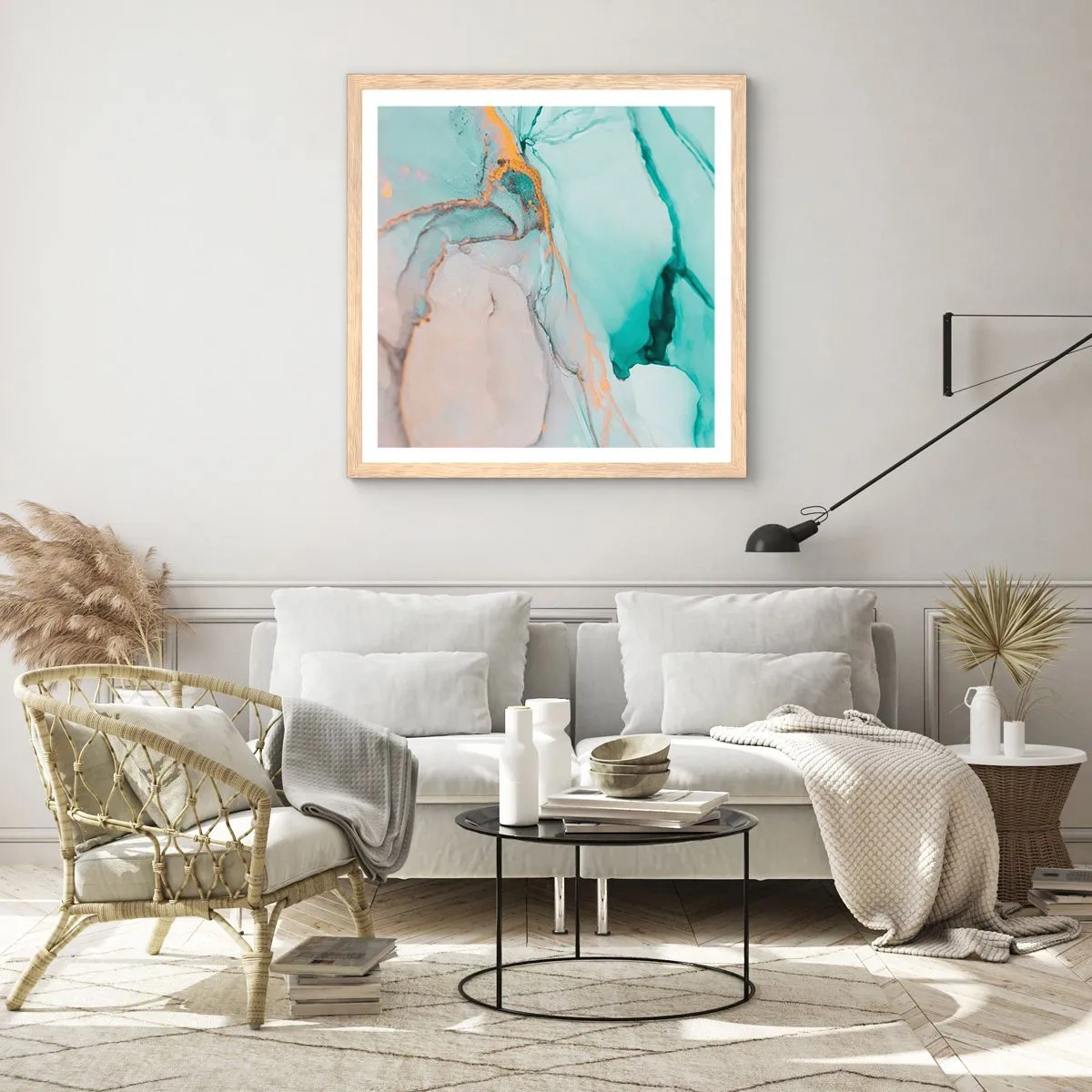 Een poster in een licht eiken lijst - Een dans van vormen en kleuren - 40x40 cm