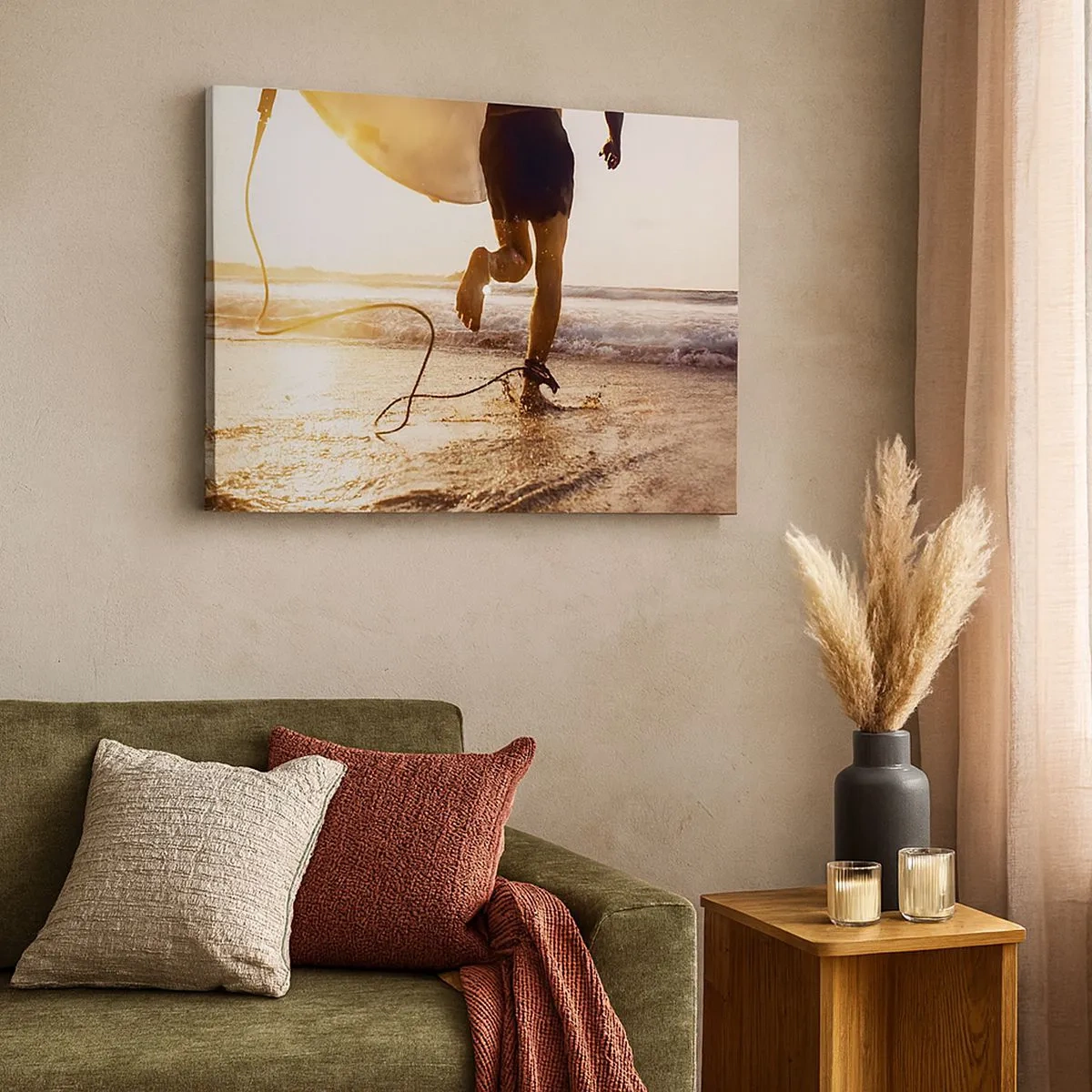 Schilderen op canvas - Een surfer rent met zijn board over het strand in de zon. - 70x50cm - Om de golf te ontmoeten - Moderne wanddecoratie voor woonkamer en slaapkamer ARTTOR