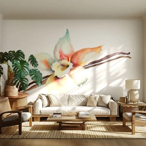 Fotobehang Premium Sand - Zoetheid gemorst met verf - Vanille bloem, Bloem, Vanillestokje - 100x70 cm