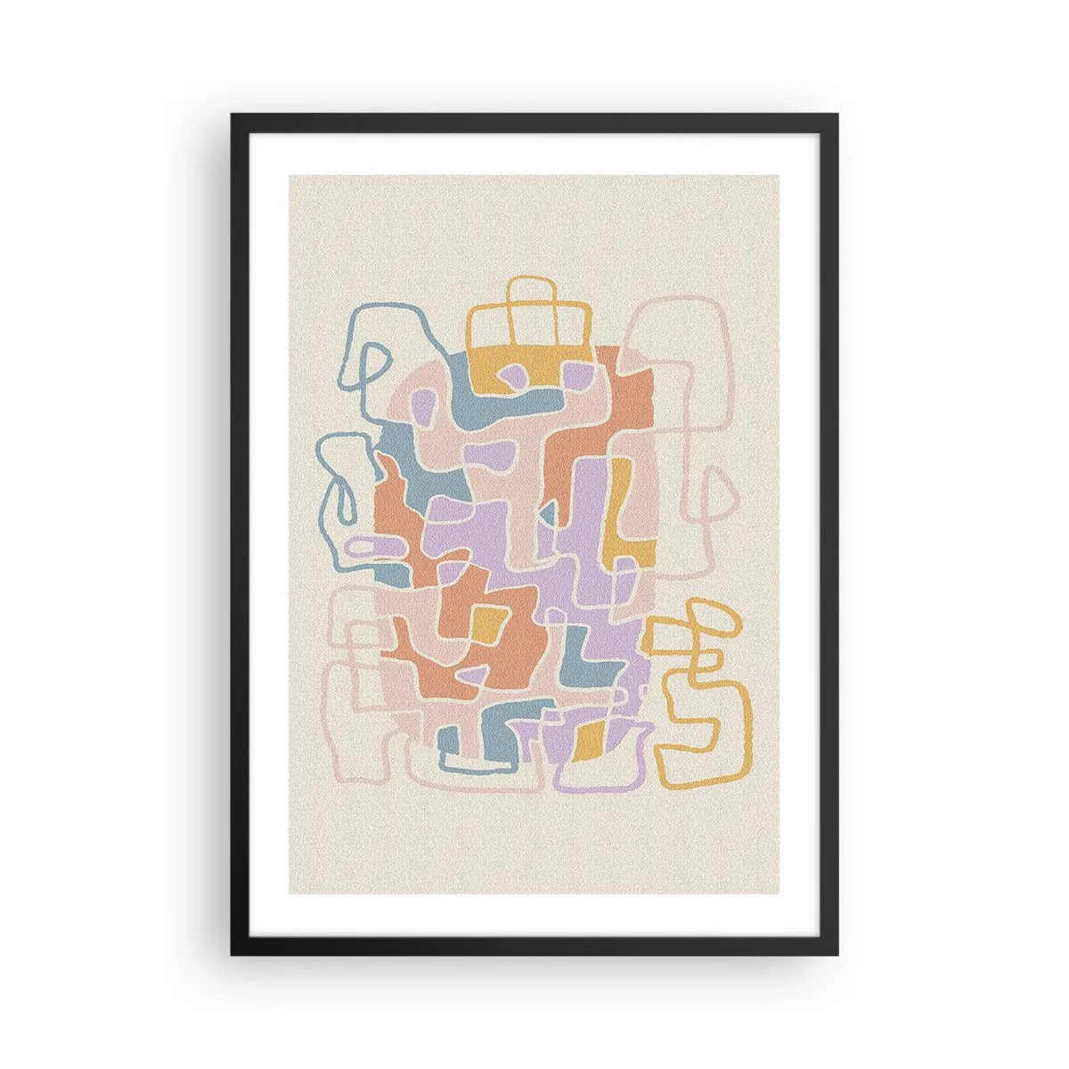 Poster in een zwarte lijst - Kleurrijke abstractie met onregelmatige lijnen op een lichte achtergrond - 50x70cm - Labyrint – een vreugdevol avontuur - Moderne wanddecoratie voor woonkamer en slaapkamer ARTTOR
