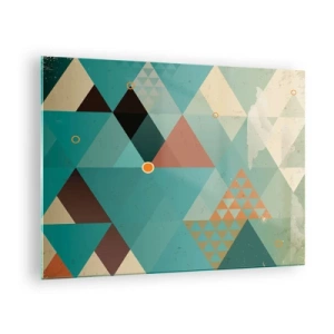 Schilderen op glas - Geometrie in tinten turquoise en bruin met driehoeken - 70x50cm - Eenheid van veelheid, veelheid van eenheid - Moderne wanddecoratie voor woonkamer en slaapkamer ARTTOR