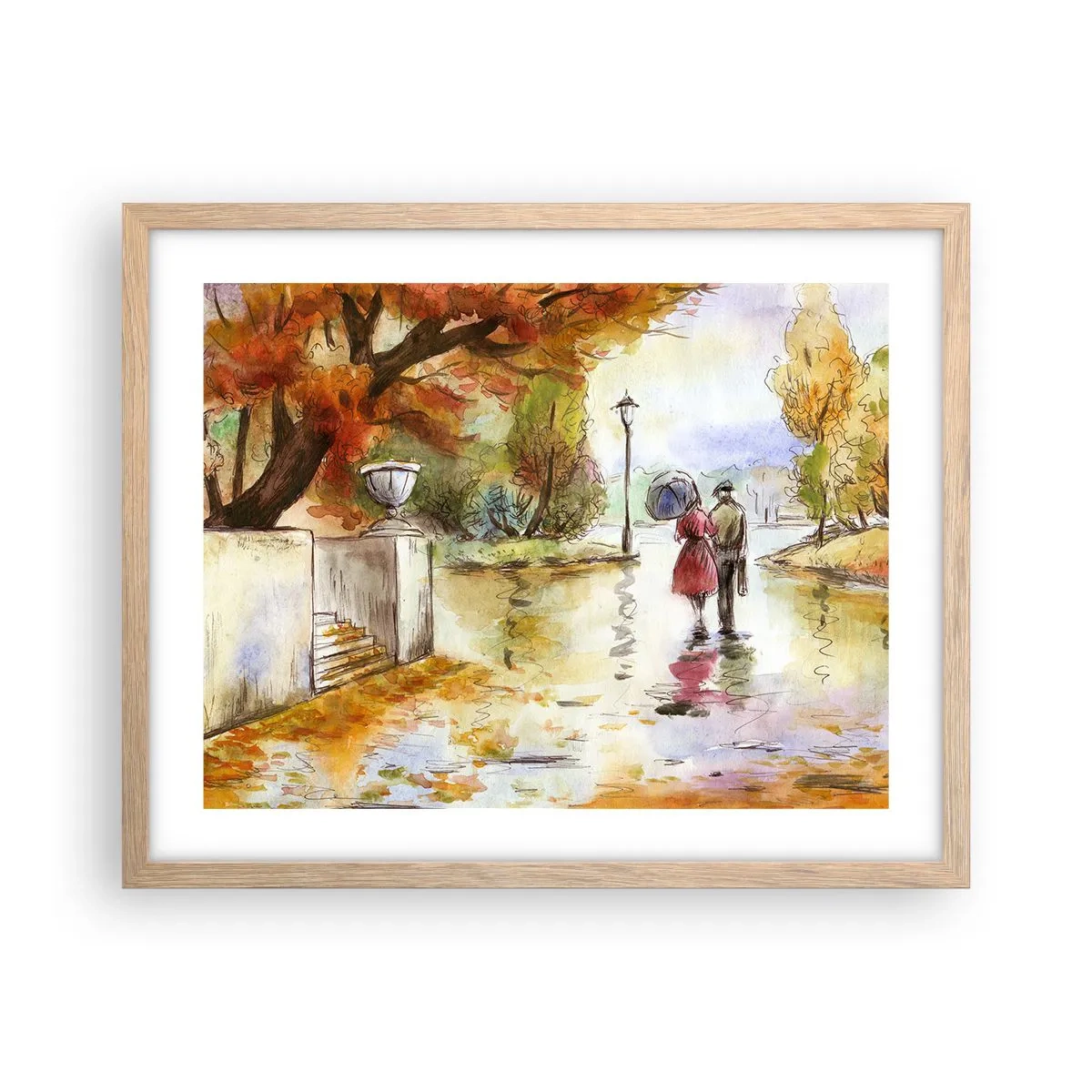 Een poster in een licht eiken lijst - Romantische herfst in het park - 50x40 cm