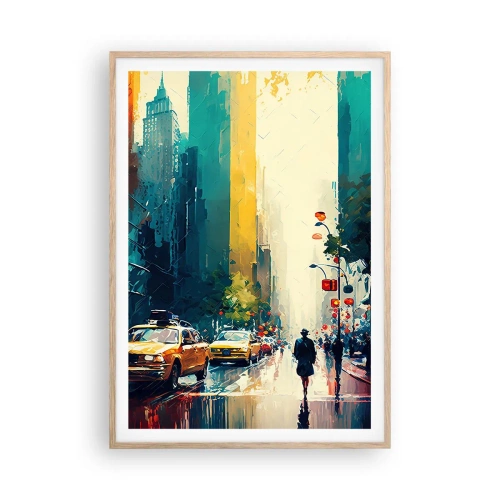 Een poster in een licht eiken lijst - New York – zelfs de regen is hier kleurrijk - 70x100 cm