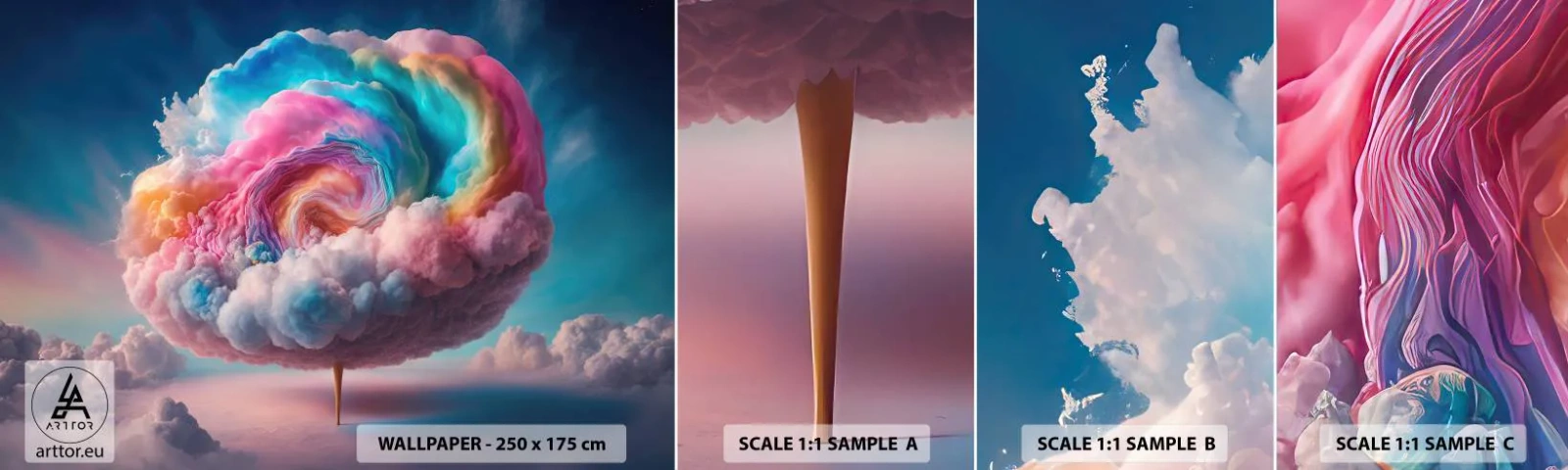 Fotobehang Staaltje Standard Eco - De droom van een pretpark - Pastel, Wolken, Suikerachtig - 100x30 cm