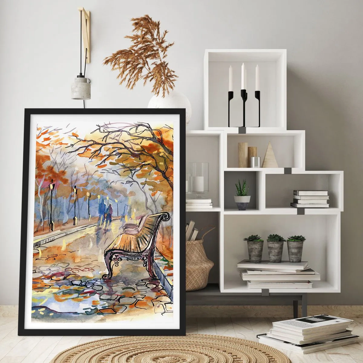 Poster in een zwarte lijst - Bankje in een herfstpark, aquarel - 50x70cm - Samen wandelen in de herfst - Moderne wanddecoratie voor woonkamer en slaapkamer ARTTOR