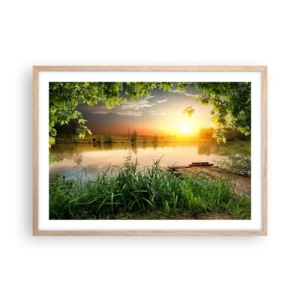 Een poster in een licht eiken lijst - Landschap in een groen kader - 70x50 cm