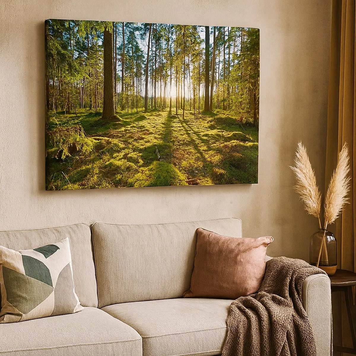 Schilderen op canvas - Groen bos verlicht door zonlicht op het mos - 70x50cm - … Achter de zeven bossen - Moderne wanddecoratie voor woonkamer en slaapkamer ARTTOR