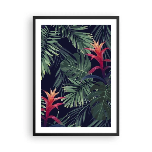 Poster in een zwarte lijst - Tropische bladeren en bloemen op een donkere achtergrond - 50x70cm - Ontsteken in het groen - Moderne wanddecoratie voor woonkamer en slaapkamer ARTTOR