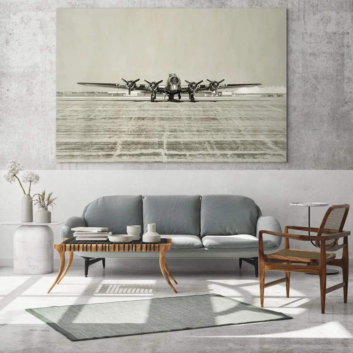 Schilderen op glas - Historisch vliegtuig op de luchthaven in sepiastijl - 70x50cm - Zoals altijd klaar - Moderne wanddecoratie voor woonkamer en slaapkamer ARTTOR