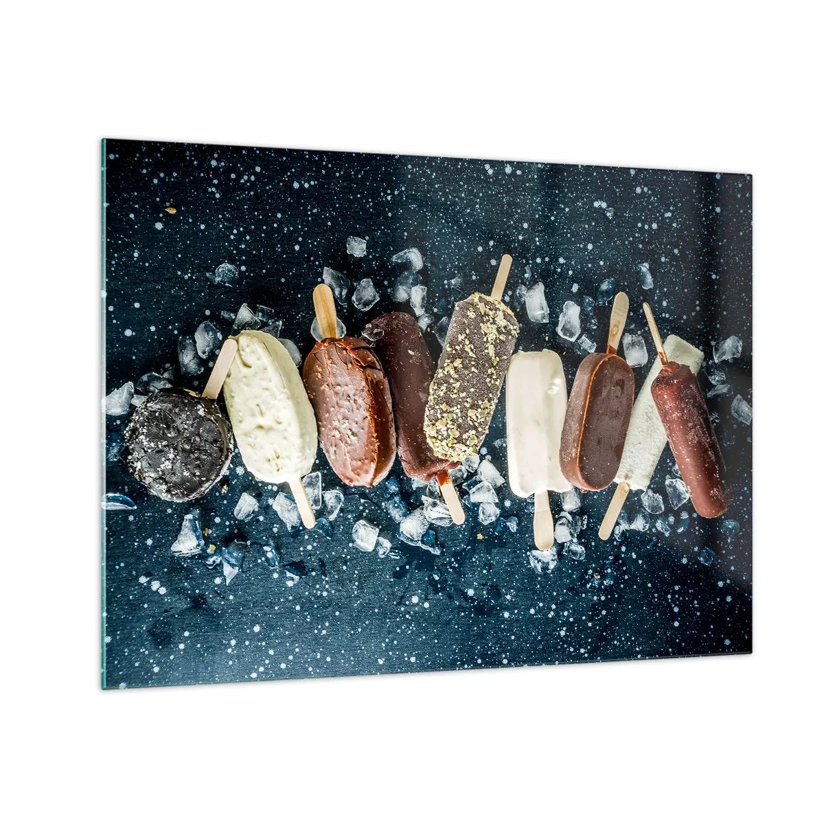 Schilderen op glas - IJsjes in verschillende smaken gerangschikt op ijsblokjes - 70x50cm - De smaak van hete zomer - Moderne wanddecoratie voor woonkamer en slaapkamer ARTTOR