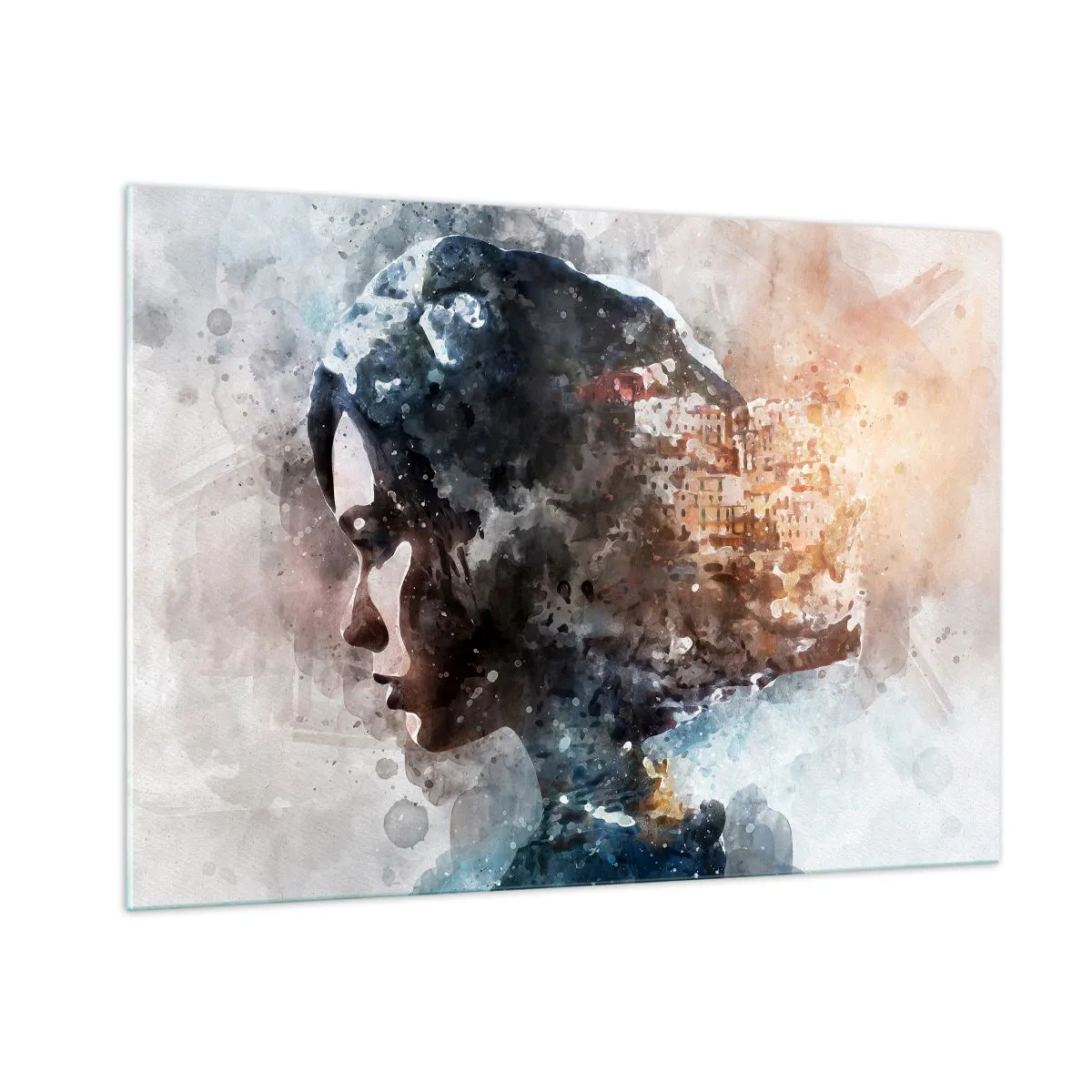 Schilderen op glas - Een verhaal over een meisje met een stad op de achtergrond - 100x70 cm