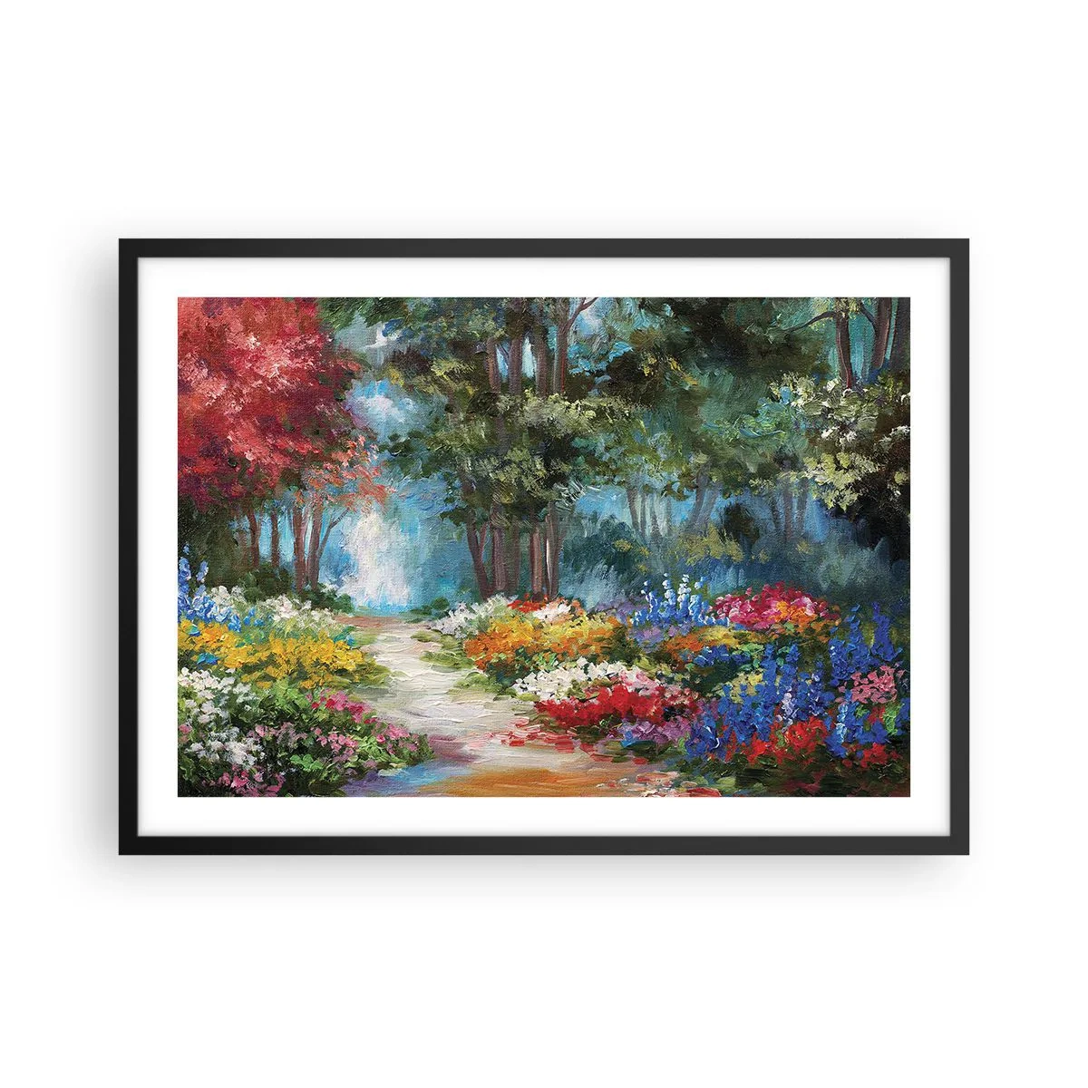 Poster in een zwarte lijst - Bostuin, bloemenbos - 70x50 cm