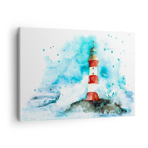 Schilderen op canvas - Een vuurtoren in een aquarelsetting met een blauwe achtergrond - 70x50cm - Eenheid van de elementen - Moderne wanddecoratie voor woonkamer en slaapkamer ARTTOR