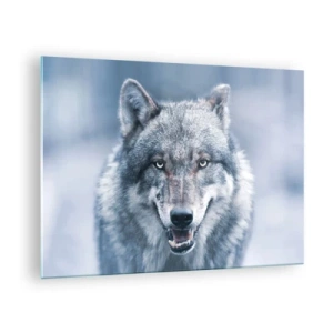 Schilderen op glas - Een wolf met een doordringende blik tegen de achtergrond van een besneeuwd bos - 70x50cm - Ga jij de uitdaging aan? - Moderne wanddecoratie voor woonkamer en slaapkamer ARTTOR
