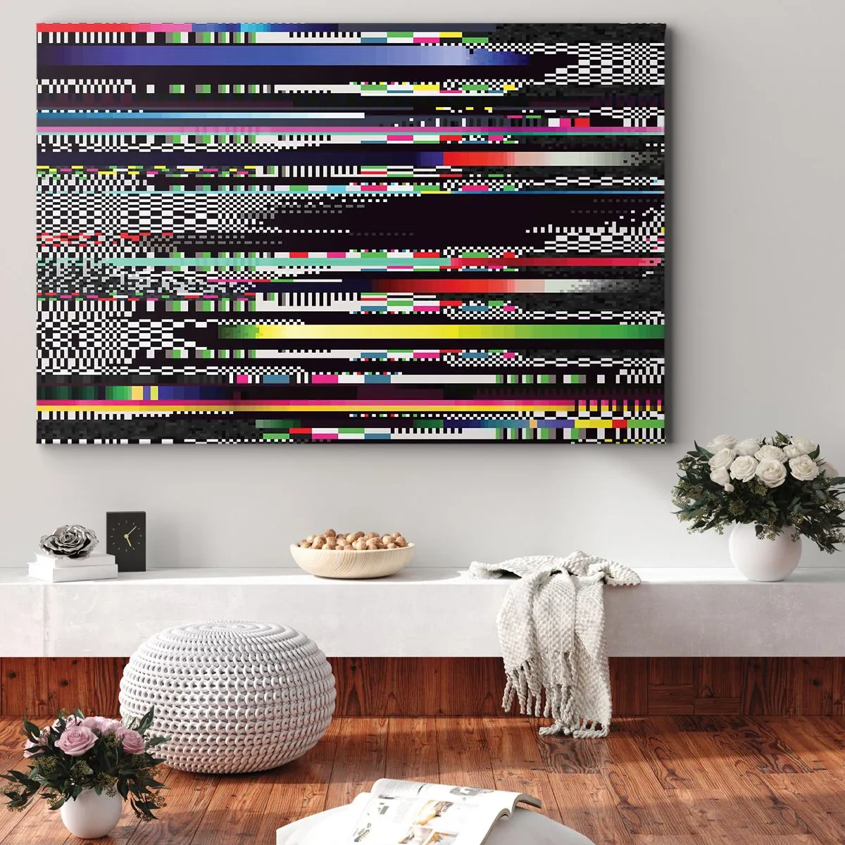Schilderen op canvas - Kleurrijke lijnen en pixels in een abstracte stijl - 70x50cm - Het controlebeeld van de werkelijkheid - Moderne wanddecoratie voor woonkamer en slaapkamer ARTTOR