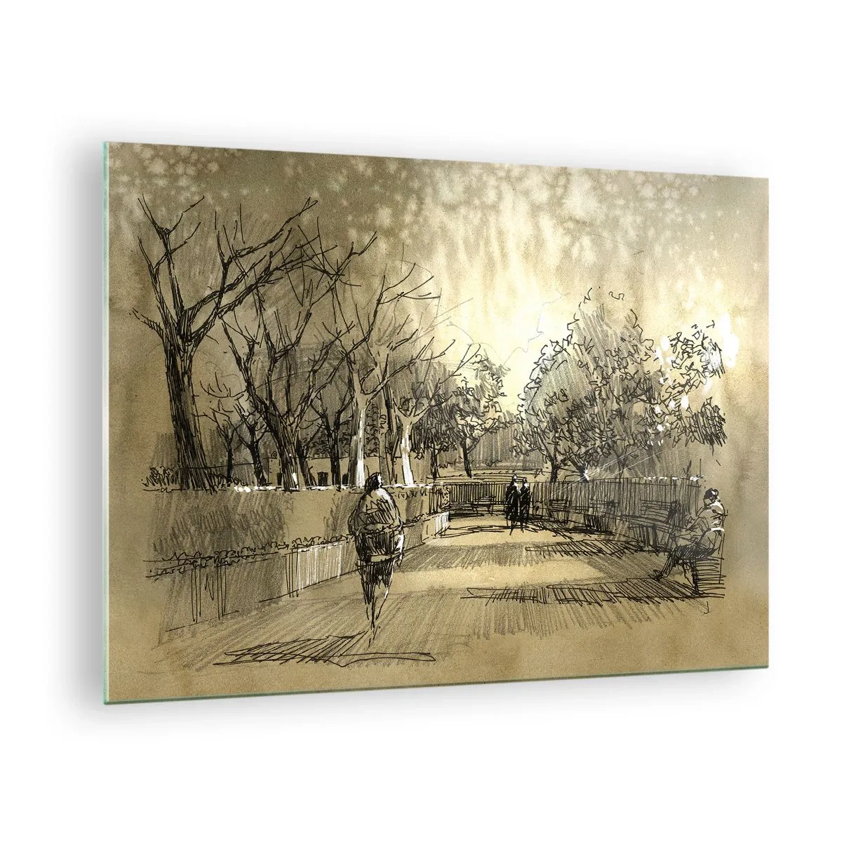 Schilderen op glas - Een tekening van een park met paden en wandelende mensen - 70x50cm - Een moment gestopt met een veer - Moderne wanddecoratie voor woonkamer en slaapkamer ARTTOR