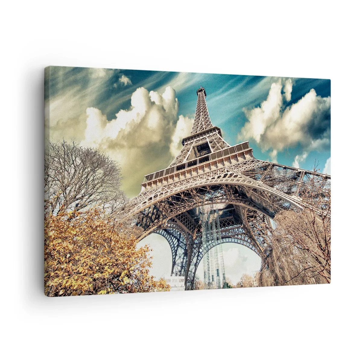 Schilderen op canvas - De Eiffeltoren van onderaf in een herfstachtige setting - 70x50cm - En in de herfst in Parijs... - Moderne wanddecoratie voor woonkamer en slaapkamer ARTTOR
