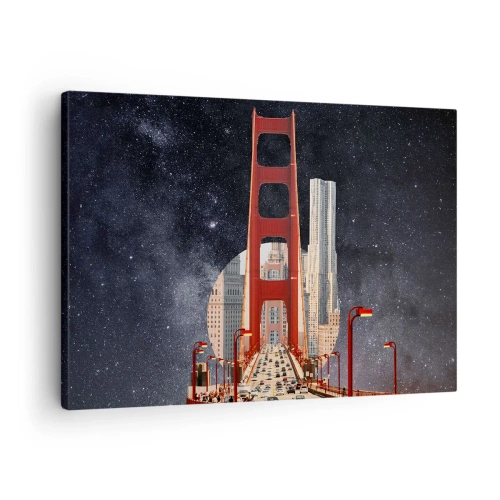 Schilderen op canvas - De Golden Gate Bridge met de stad op de achtergrond tegen een sterrenhemel - 70x50cm - Altijd in het centrum - Moderne wanddecoratie voor woonkamer en slaapkamer ARTTOR