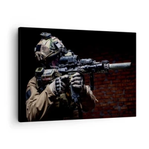 Schilderen op canvas - Een soldaat in volledige uitrusting met een geweer - 70x50cm - Dodelijk effectief - Moderne wanddecoratie voor woonkamer en slaapkamer ARTTOR