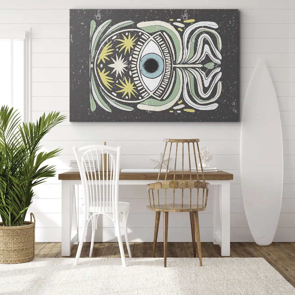 Schilderen op canvas - Een symbolisch oog omgeven door abstracte patronen - 70x50cm - Tribale rituelen - Moderne wanddecoratie voor woonkamer en slaapkamer ARTTOR