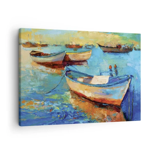 Schilderen op canvas - Kleurrijke boten aangemeerd op kalm water - 70x50cm - In de zuidelijke baai - Moderne wanddecoratie voor woonkamer en slaapkamer ARTTOR