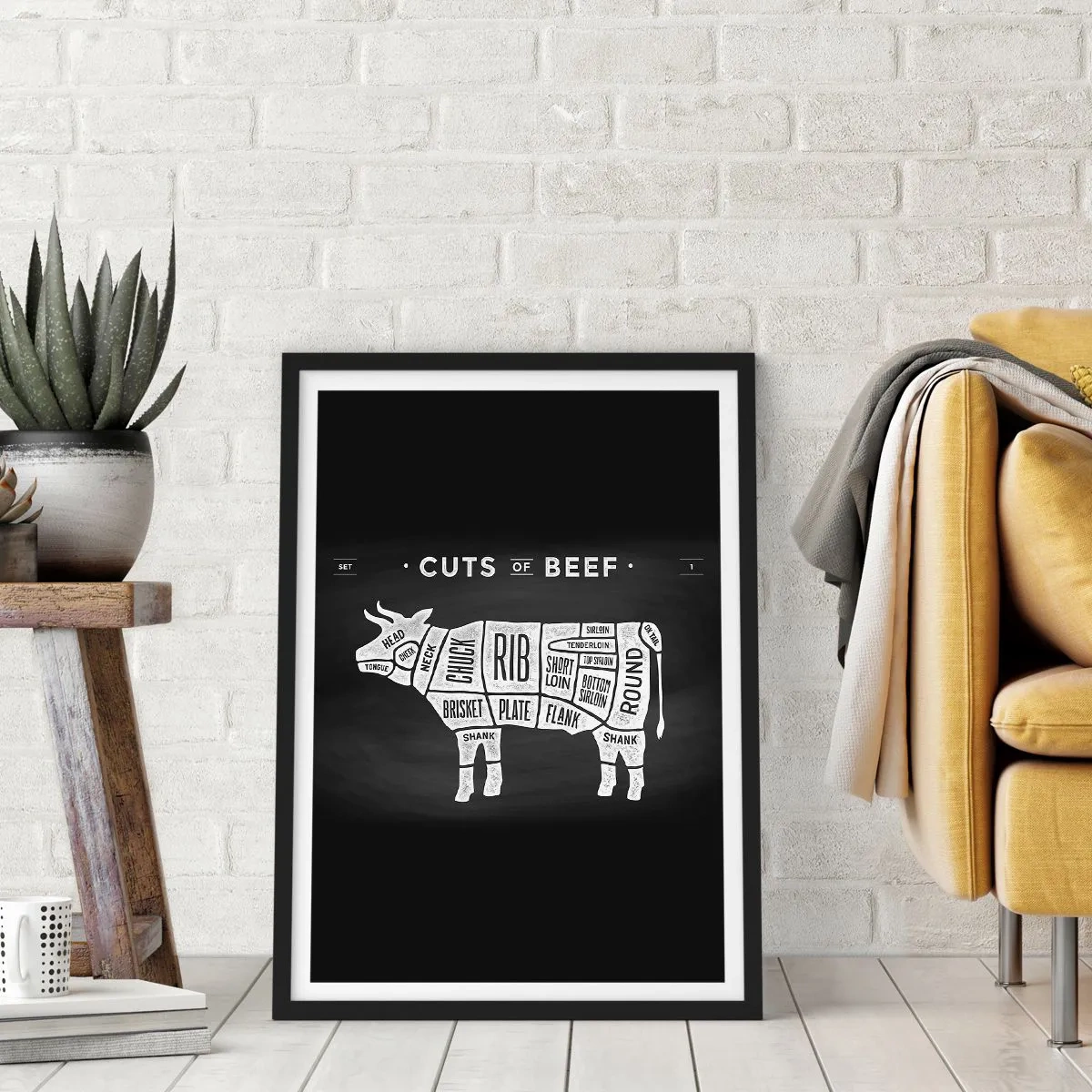 Poster in een zwarte lijst - Diagram met rundvleessnijstukken op een zwarte achtergrond in retrostijl - 50x70cm - Slagers ABC - Moderne wanddecoratie voor woonkamer en slaapkamer ARTTOR