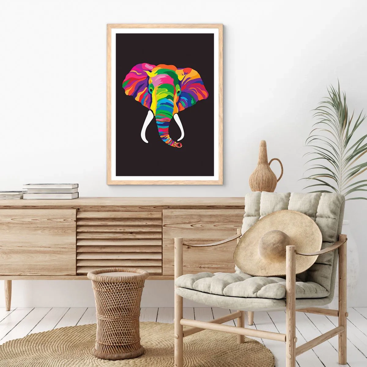 Een poster in een licht eiken lijst - De olifant die ervan hield om in de regenboog te baden - 40x50 cm