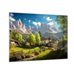 Schilderen op glas - Plattelandsontwikkeling te midden van groen aan de voet van de Alpentoppen - 70x50cm - Alpine idylle - Moderne wanddecoratie voor woonkamer en slaapkamer ARTTOR