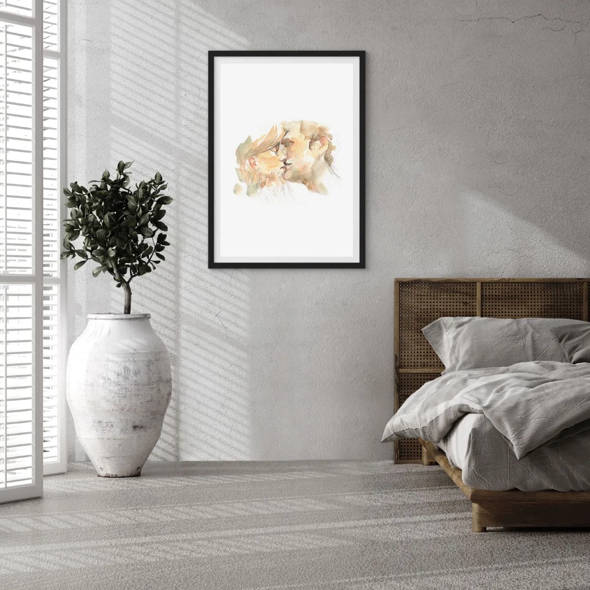 Poster in een zwarte lijst - Een delicaat aquarelportret van een koppel dat elkaar teder kust. - 50x70cm - De helft gevonden? - Moderne wanddecoratie voor woonkamer en slaapkamer ARTTOR