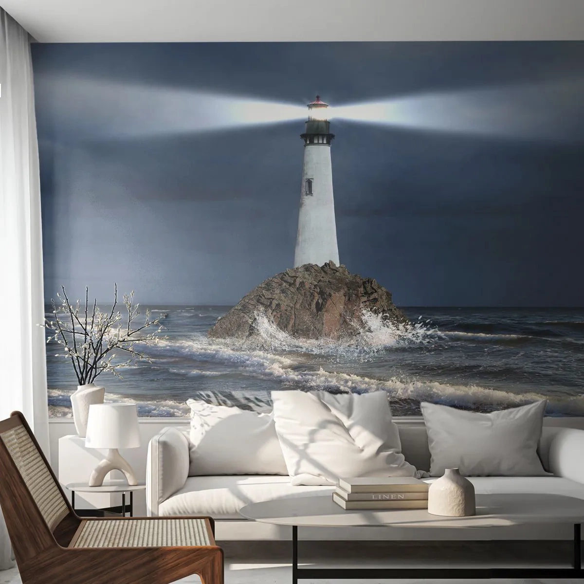 Fotobehang Premium Sand - Hier... hier... hier! - Landschap, Vuurtoren, Eiland - 100x70 cm
