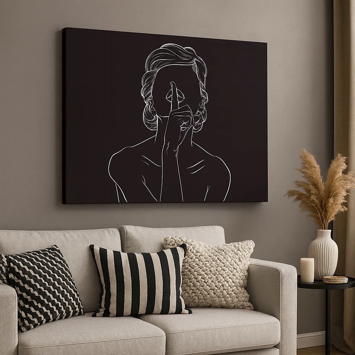 Schilderen op canvas - Minimalistisch silhouet van een vrouw op een zwarte achtergrond - 70x50cm - Schoonheid bloeit in stilte - Moderne wanddecoratie voor woonkamer en slaapkamer ARTTOR