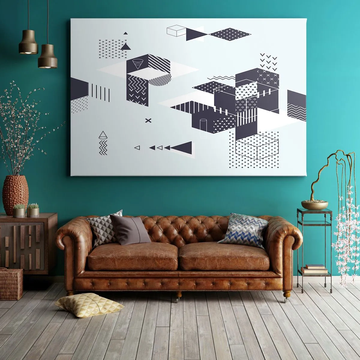 Schilderen op canvas - Moderne geometrische afbeeldingen in tinten wit en marineblauw - 70x50cm - In de ziel van een wiskundige - Moderne wanddecoratie voor woonkamer en slaapkamer ARTTOR
