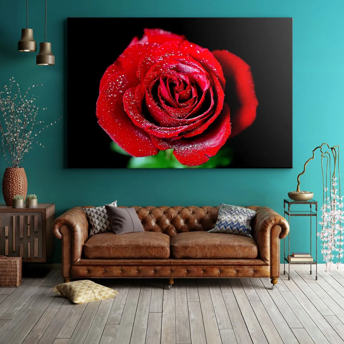 Schilderen op canvas - Een rode roos bedekt met dauwdruppels op een zwarte achtergrond. - 70x50cm - Dit is liefde - Moderne wanddecoratie voor woonkamer en slaapkamer ARTTOR