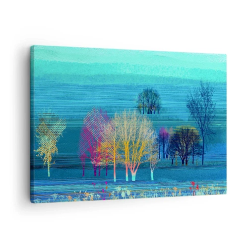 Schilderen op canvas - Kleurrijke bomen tegen een blauw, minimalistisch landschap - 70x50cm - Een gekamd landschap - Moderne wanddecoratie voor woonkamer en slaapkamer ARTTOR