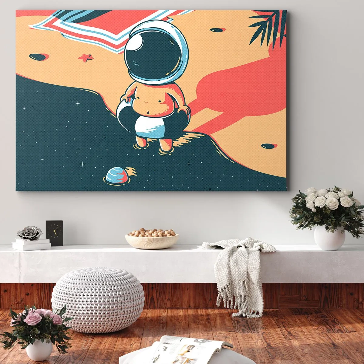 Schilderen op canvas - Grappige astronaut op het strand met ruimte-elementen op de achtergrond - 70x50cm - Vanuit een ander perspectief - Moderne wanddecoratie voor woonkamer en slaapkamer ARTTOR