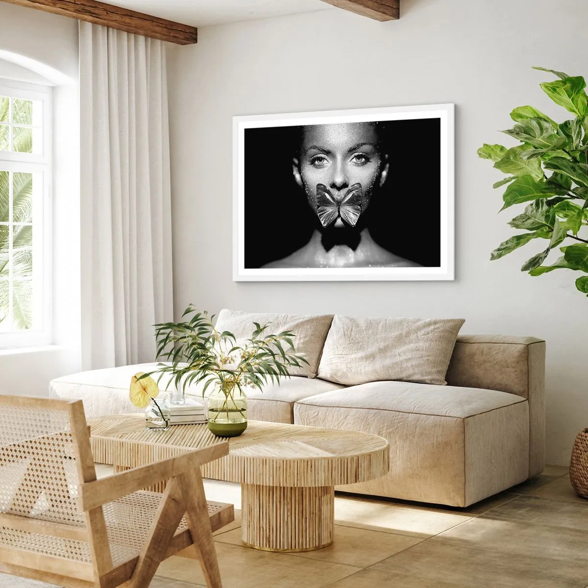 Poster in een witte lijst - Vlinder kus - 91x61 cm