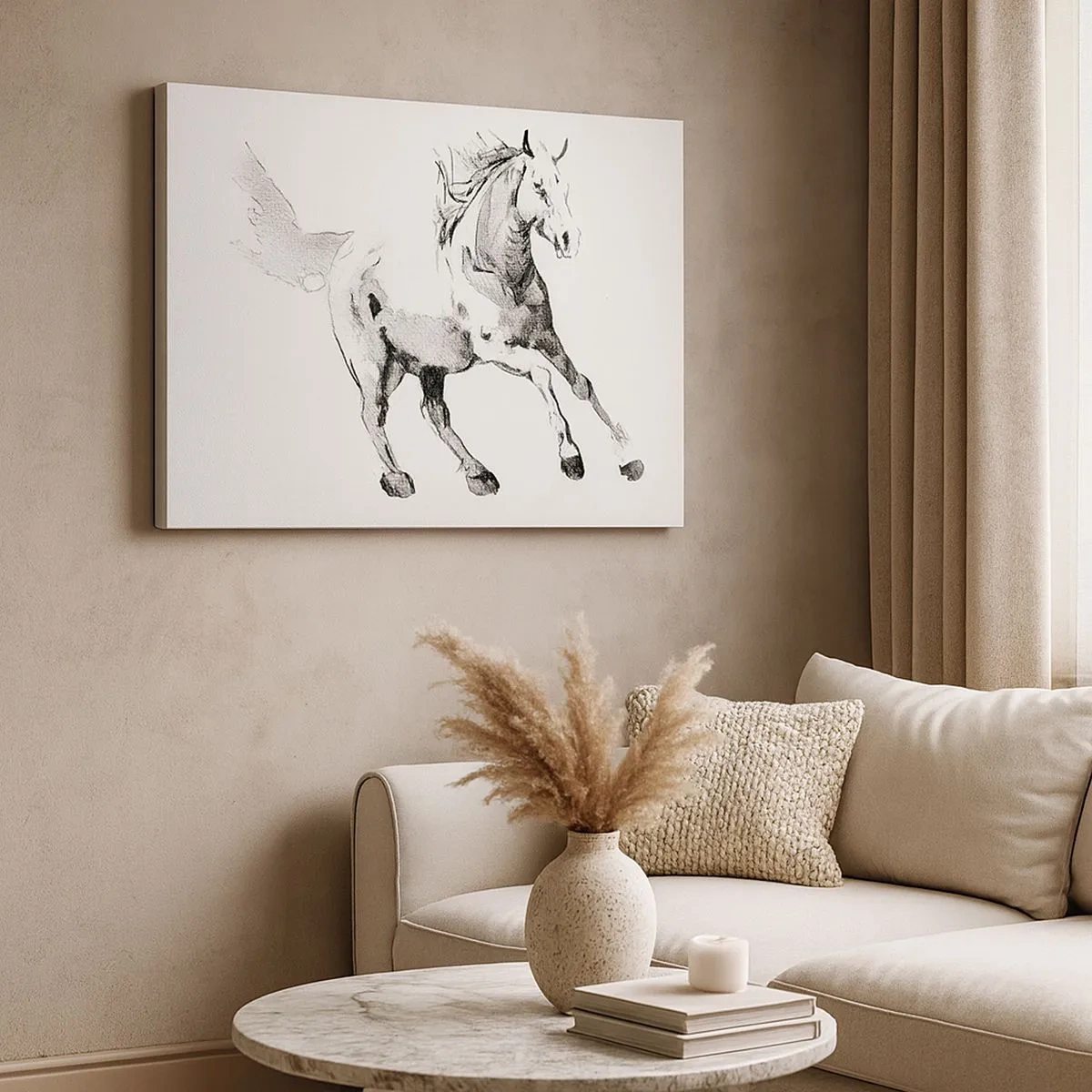 Schilderen op canvas - Schets van een galopperend paard in tinten zwart en wit - 70x50cm - Ongetemde ziel - Moderne wanddecoratie voor woonkamer en slaapkamer ARTTOR