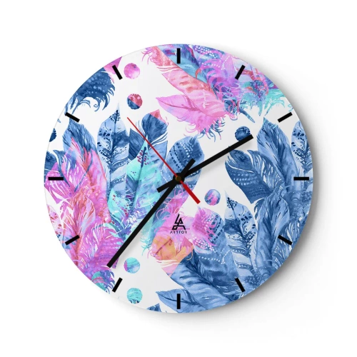Wandklok - Klok - Kleurrijke veren in aquarelstijl - 30x30cm - Pluimen in roze en blauw - Moderne wanddecoratie voor woonkamer, keuken en slaapkamer ARTTOR