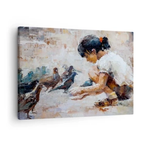 Schilderen op canvas - Een meisje dat vogels voedt in schilderachtige stijl - 70x50cm - De kleintjes en de leukste - Moderne wanddecoratie voor woonkamer en slaapkamer ARTTOR