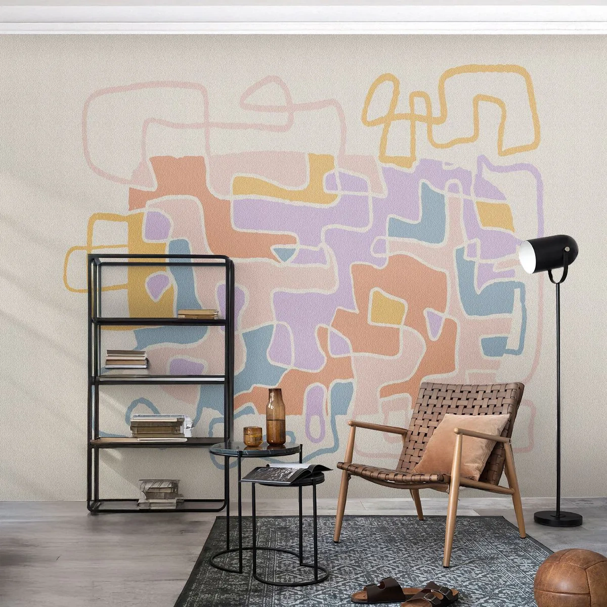 Fotobehang Standard Eco - Labyrint – een vreugdevol avontuur - Minimalisme, Pastel, Lijnen - 150x105 cm