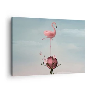Schilderen op canvas - Een roze flamingo balancerend op een bloemenbal - 70x50cm - Basketbal allegorie - Moderne wanddecoratie voor woonkamer en slaapkamer ARTTOR