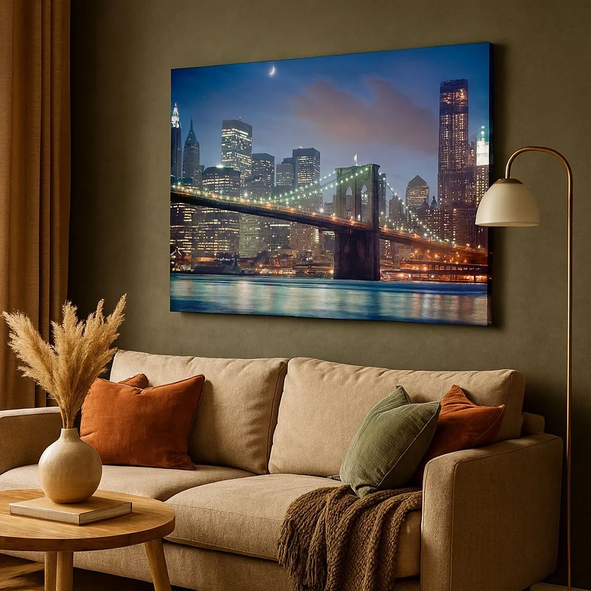 Schilderen op canvas - New York City Bridge bij nacht met verlichte gebouwen - 70x50cm - Gloeiende nacht - Moderne wanddecoratie voor woonkamer en slaapkamer ARTTOR
