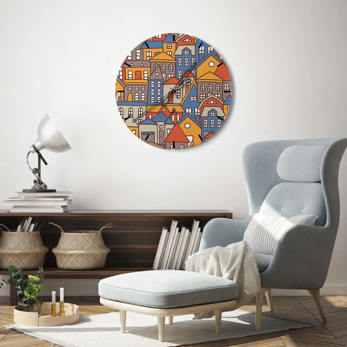 Wandklok - Klok - Kleurrijke gebouwen in grafische stijl - 30x30cm - Achter het huis is een huis - Moderne wanddecoratie voor woonkamer, keuken en slaapkamer ARTTOR