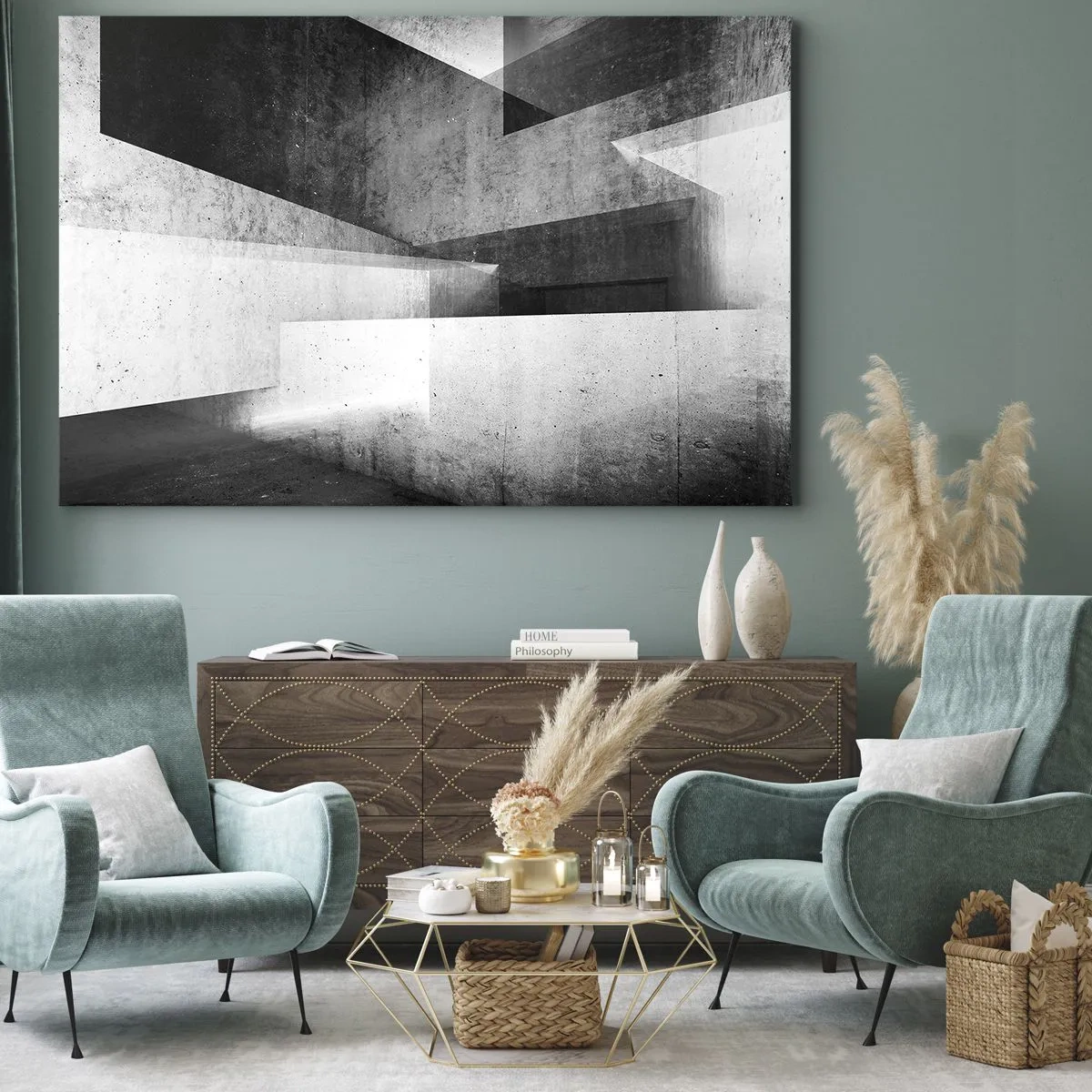 Schilderen op canvas - Geometrische vormen in een monochromatische compositie - 70x50cm - De structuur van de ruimte - Moderne wanddecoratie voor woonkamer en slaapkamer ARTTOR