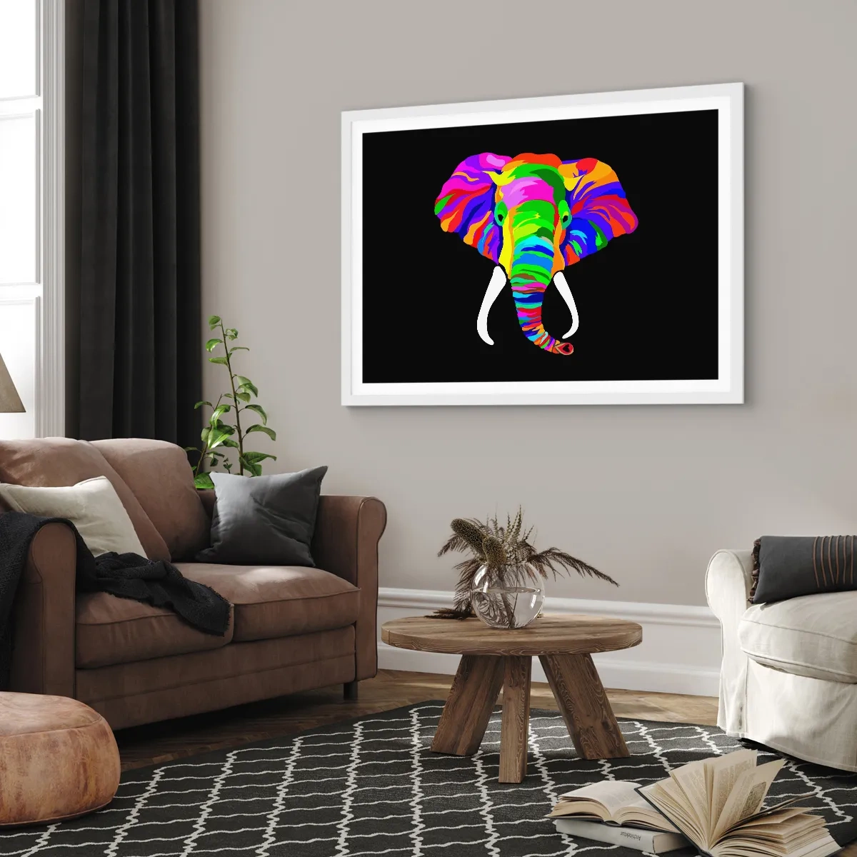 Poster in een witte lijst - De olifant die ervan hield om in de regenboog te baden - 40x30 cm